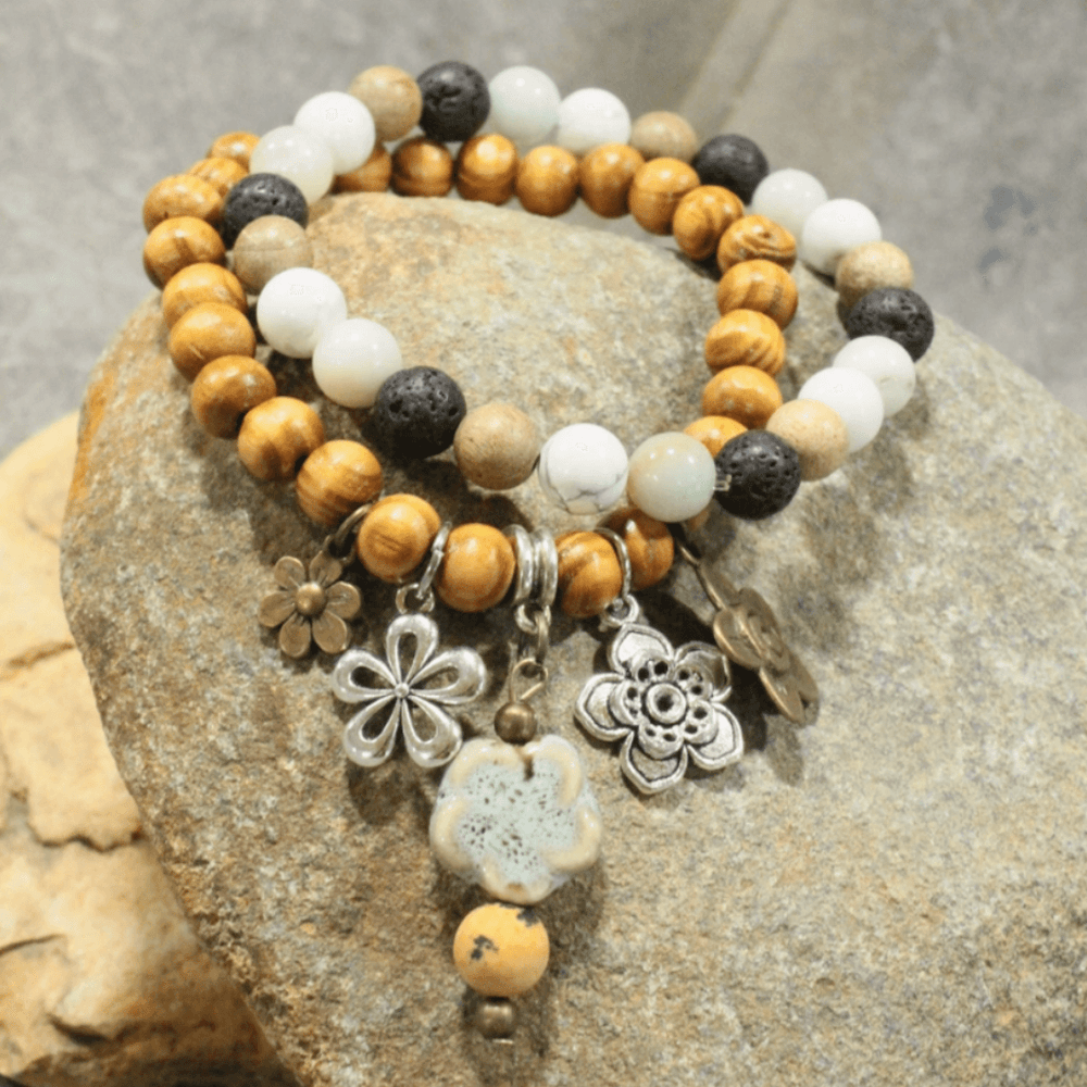 Natural Stone Jewelry Designed and Made in USA, Unique One-of-a-kind Vintage Inspired Set of 2 Beaded Stretch Bracelets in Neutral Colors with Flower Charms