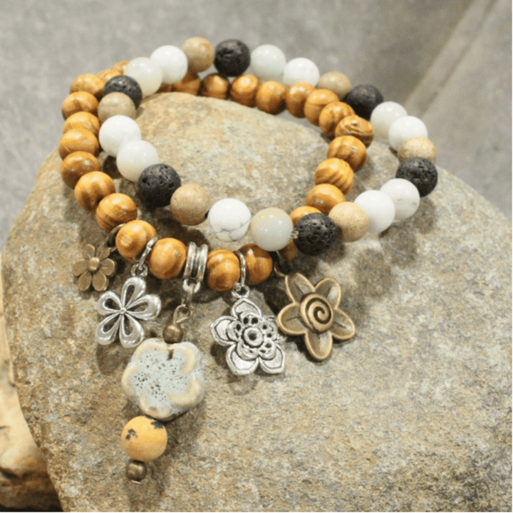 Natural Stone Jewelry Designed and Made in USA, Unique One-of-a-kind Vintage Inspired Set of 2 Beaded Stretch Bracelets in Neutral Colors with Flower Charms