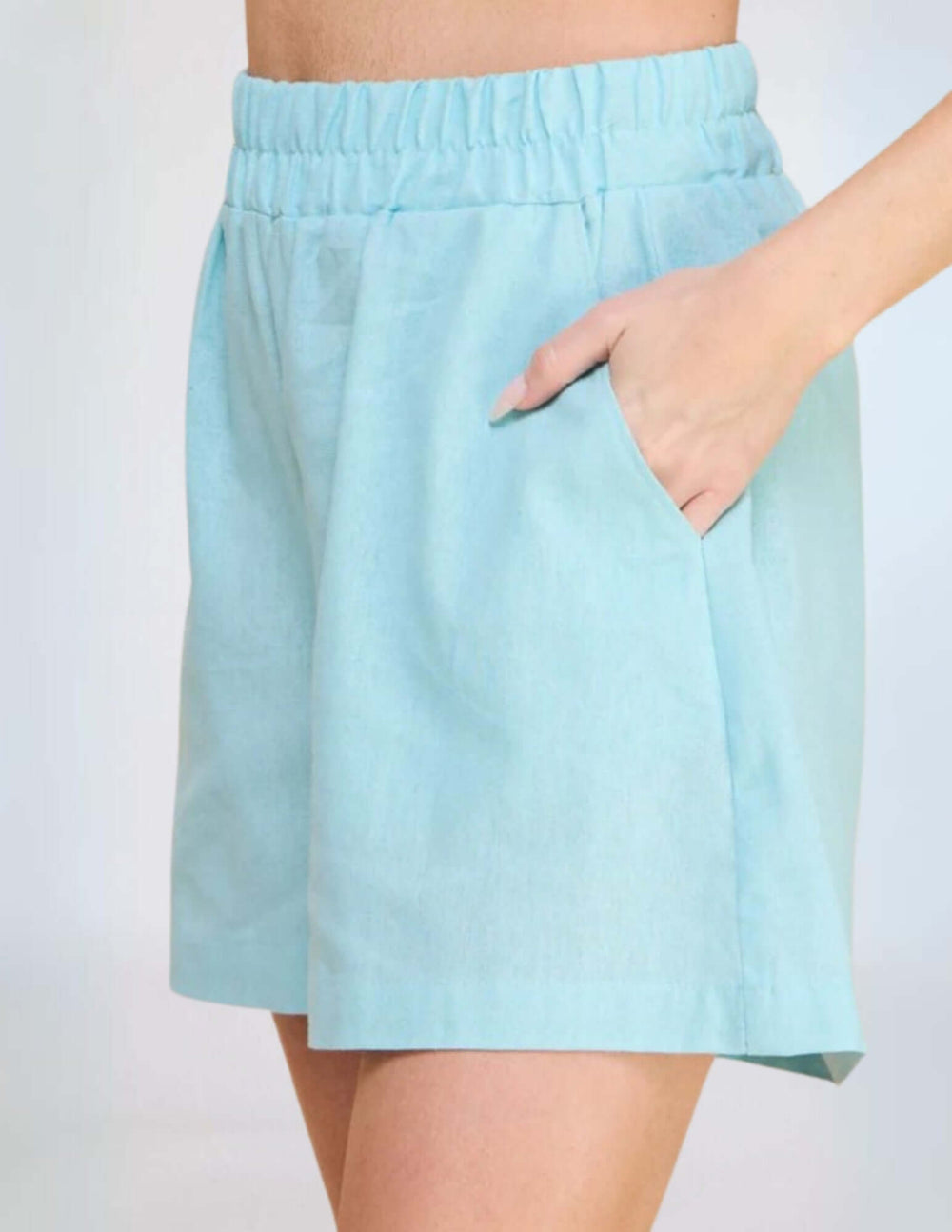 USA Made Women's Amari Linen Blend Walking Shorts in Aqua Blue  | Classy Cozy Cool Made in America Clothing Boutique