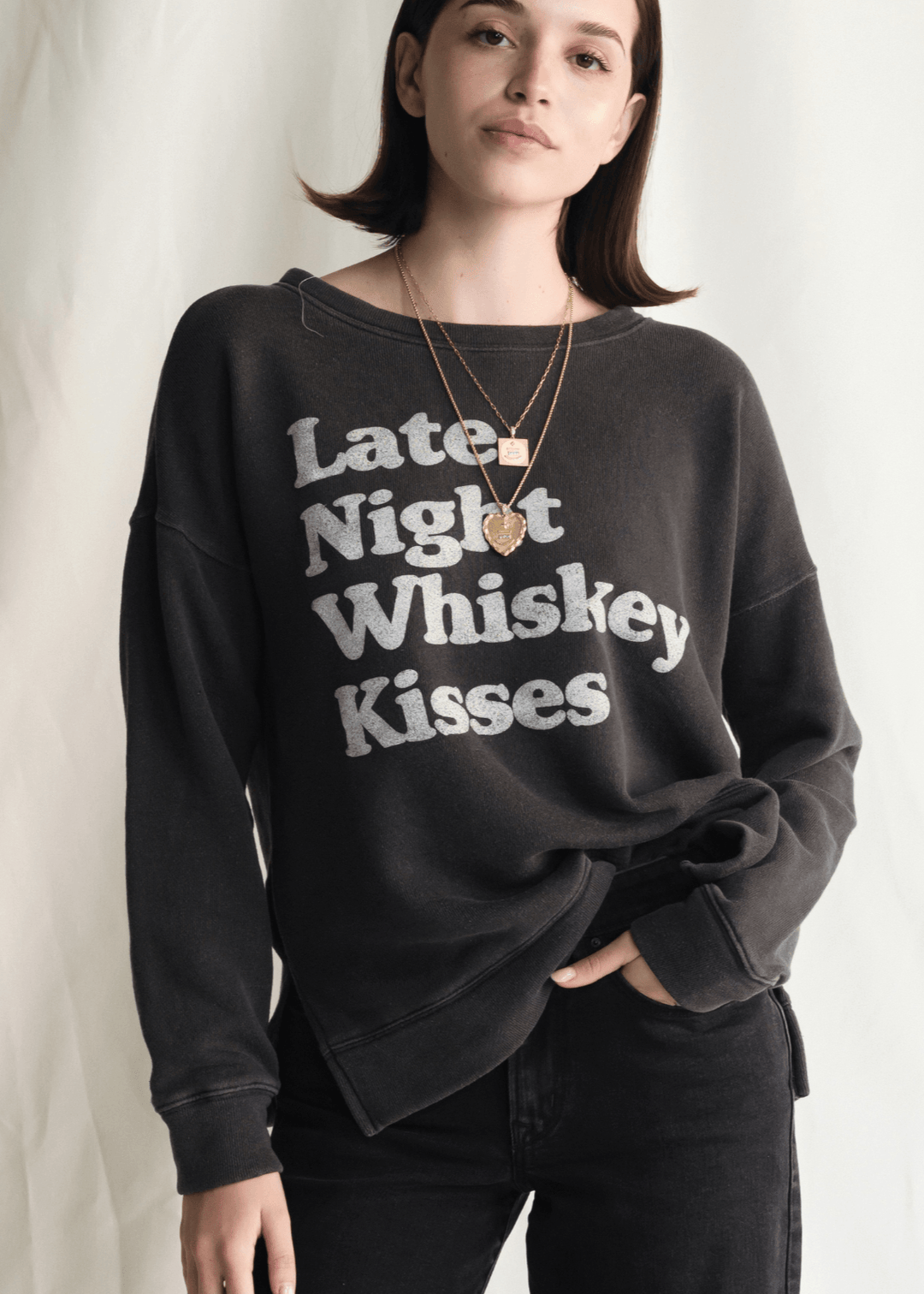 Whiskey Kisses Sweatshirt by People of Leisure — vintage-inspired graphic crewneck in Vintage Black. Ethically made in LA. Sizes XS–XL.