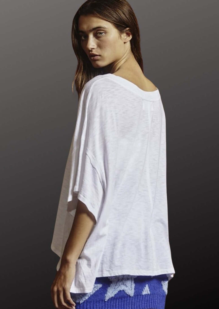 Bucket List Clothing Style# T1722 | Women's V-Neck Boxy Oversized Slub Tee Shirt in White  | Made in USA | Classy Cozy Cool Women's Made in America Clothing Boutique