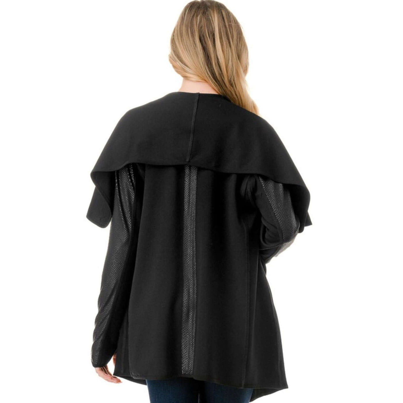 Made in USA Trendy Unique Women's Black Open Front Jacket with Faux Leather Sleeves, Thumbholes, Snap Lapel Closure and Side Pockets | Classy Cozy Cool Women's Made in America Clothing Boutique