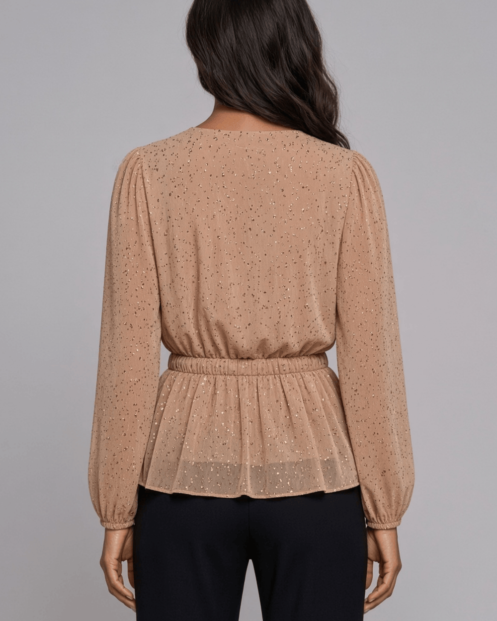 Made in USA |  Women's Peplum Style Glitter Mesh Top with Deep V-Neck & Puff Sleeves in Tan | If She Loves Style IST1320 | Classy Cozy Cool Women's Made in America Boutique