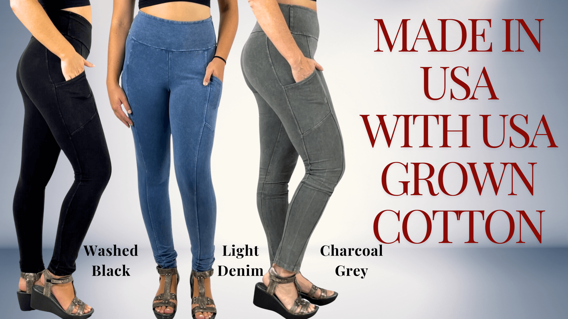 Made in USA with USA Grown Cotton, Women's Perfect Fit Pocket Leggings.  Available in 9 Mineral Washed Colors | Classy Cozy Cool Made in America Boutique