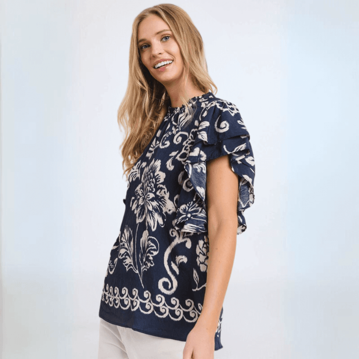 Made in USA Women's Floral Navy Flutter Sleeve Top Comfortable Relaxed Fit | Classy Cozy Cool Made in America Boutique