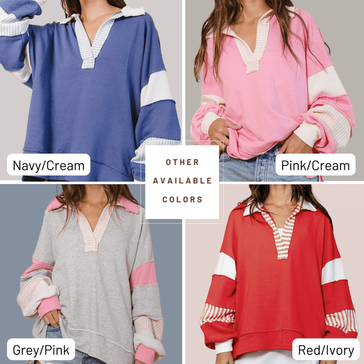 Brand: Bucket List Style# T2004 | Oversized Ladies French Terry Color Block Sweatshirt with Collar Color Options | Made in USA