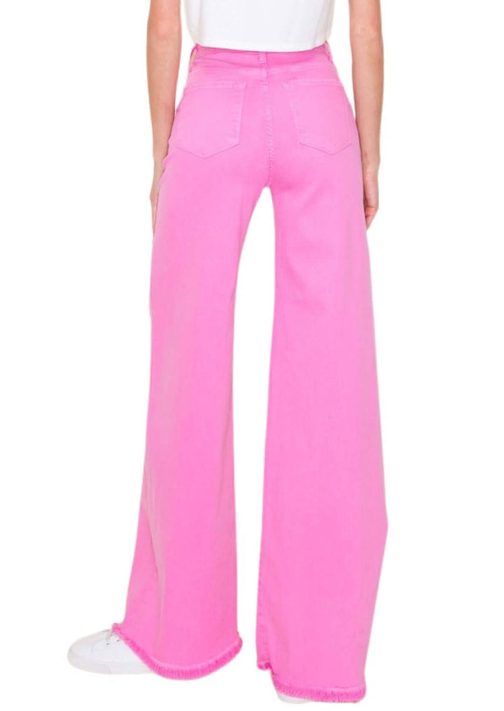 O2 Denim 505 High Waist Flare Jeans in Fuchsia Pink | Style PW505 | Women's fashion clothing made in the USA | Classy Cozy Cool American Boutique