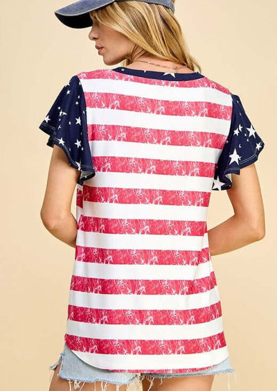 Made in USA | 4th of July Ladies Ruffle Flutter Sleeves Patriotic V-Neck Shirt in Red White & Blue with Stars & Stripes Design | Classy Cozy Cool Women's Made in America Boutique