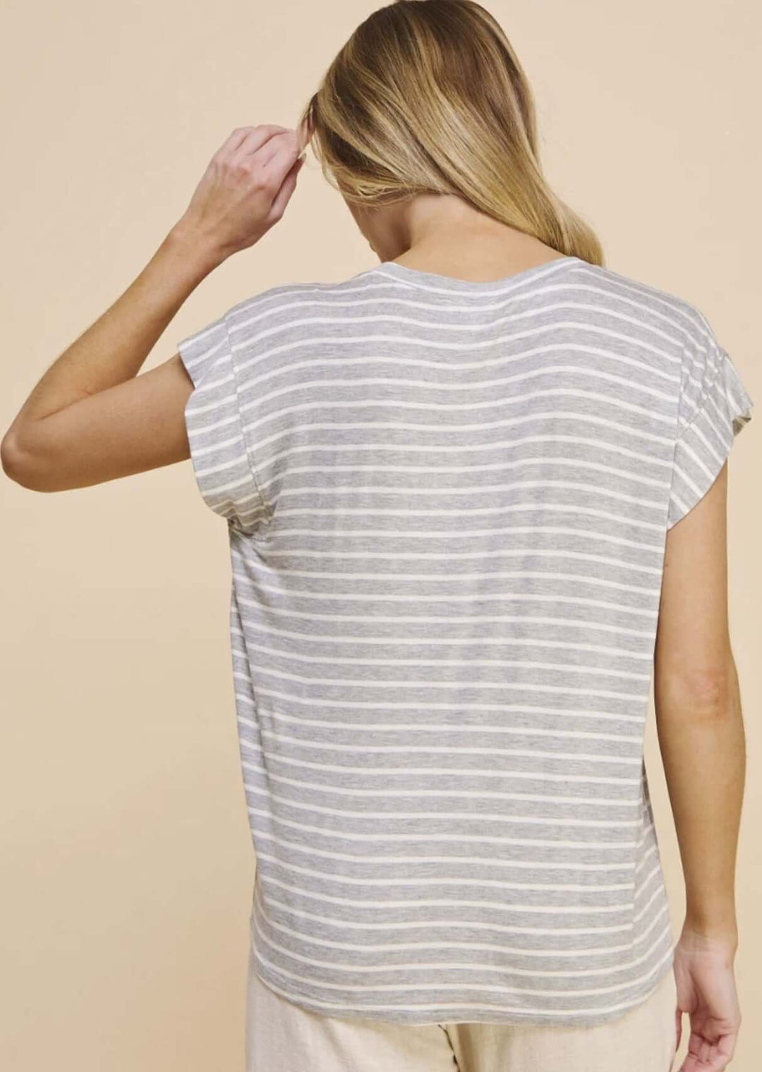 USA Made Women's Super Soft Striped V-Neck Relaxed Fit Tee in Grey & White Stripes   | Classy Cozy Cool Made in America Clothing Boutique