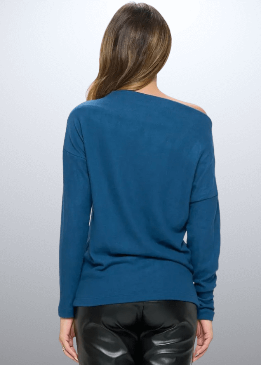 Women's Made in USA Relaxed Fit Super Soft Long Sleeve Cashmere Sweater Top in Teal Blue - Can be worn Off Shoulder or as Boat Neck | Renee C Style# 4097TP | Classy Cozy Cool Made in America Boutique