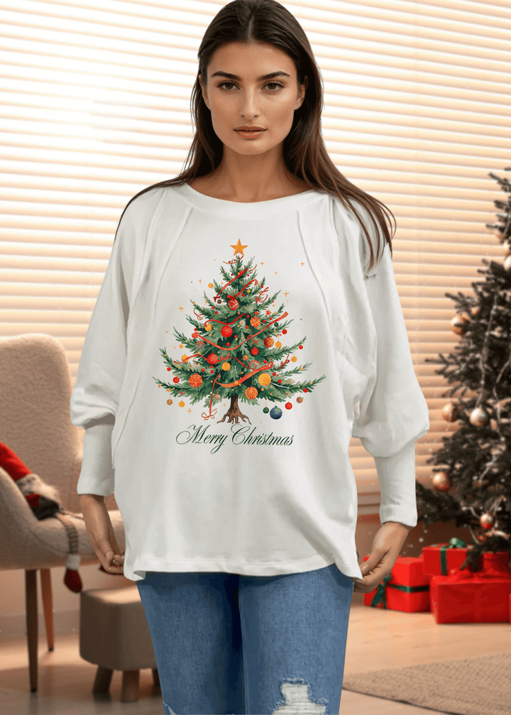 Deck the halls in festive style with this women's playful Colorful Christmas Tree Graphic Sweatshirt. Crafted in the USA from soft, stretchy French terry fabric, this oversized beauty features dramatic dolman bubble sleeves and a relaxed boat neckline for effortless comfort. 
