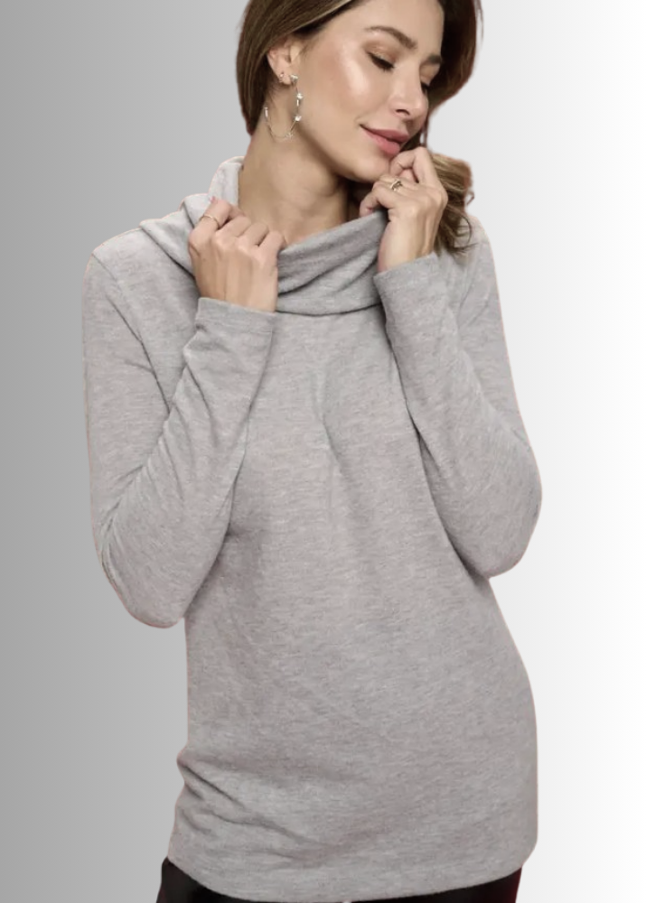 Made in USA Ladies' Super Soft Long Sleeve Cowl Turtle Neck Cashmere Feel Sweater Top in Heather Grey | Renee C Style# 4134TP 