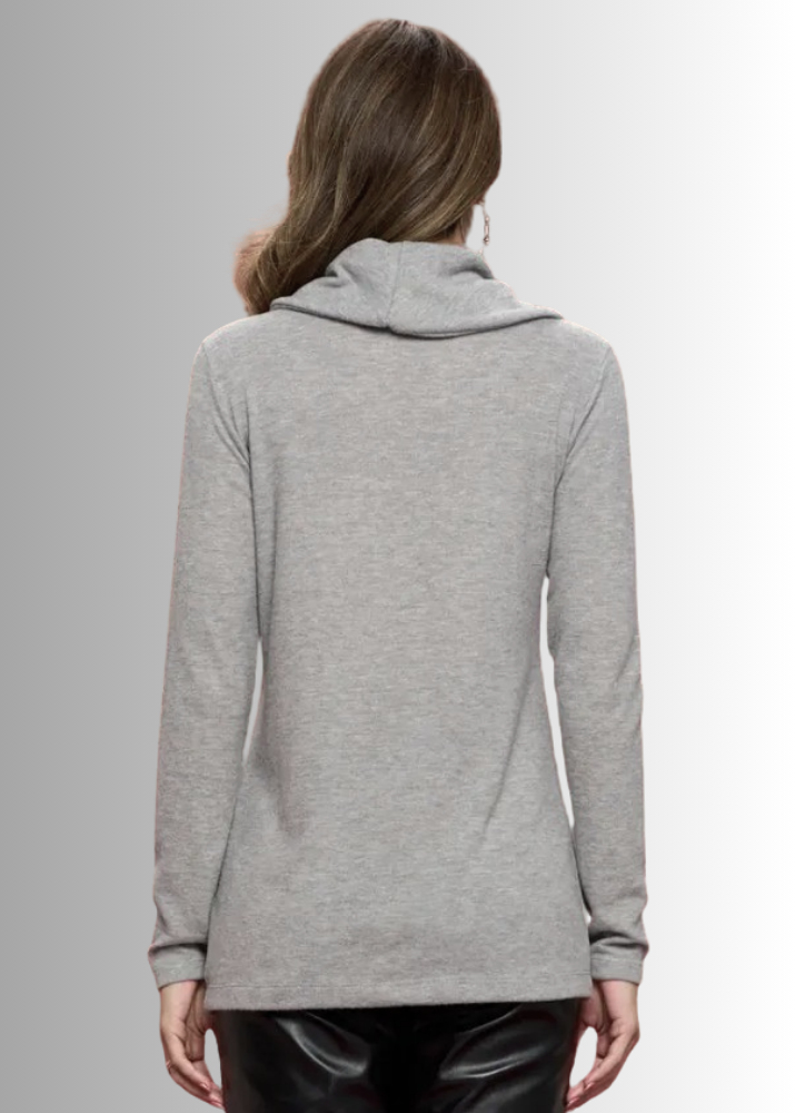 Made in USA Ladies' Super Soft Long Sleeve Cowl Turtle Neck Cashmere Feel Sweater Top in Heather Grey | Renee C Style# 4134TP 