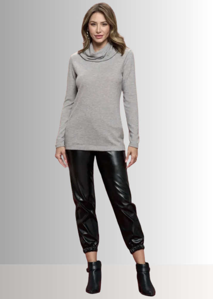 Made in USA Ladies' Super Soft Long Sleeve Cowl Turtle Neck Cashmere Feel Sweater Top in Heather Grey | Renee C Style# 4134TP 