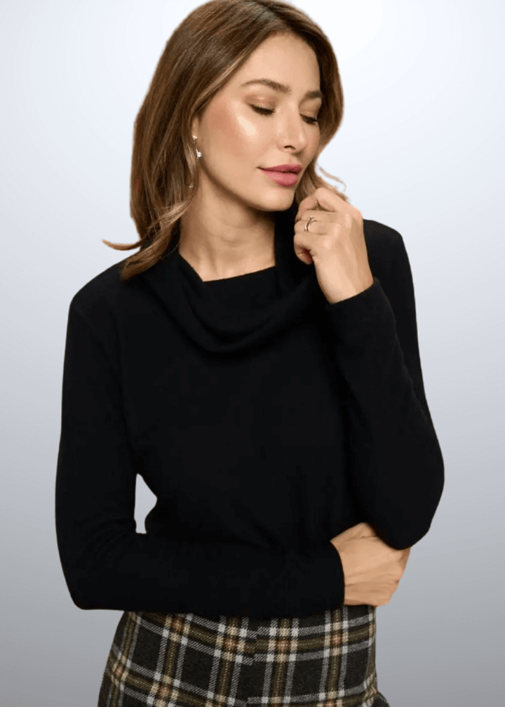 Made in USA Ladies' Super Soft Long Sleeve Cowl Turtle Neck Cashmere Feel Sweater Top in Black | Renee C Style# 4134TP 