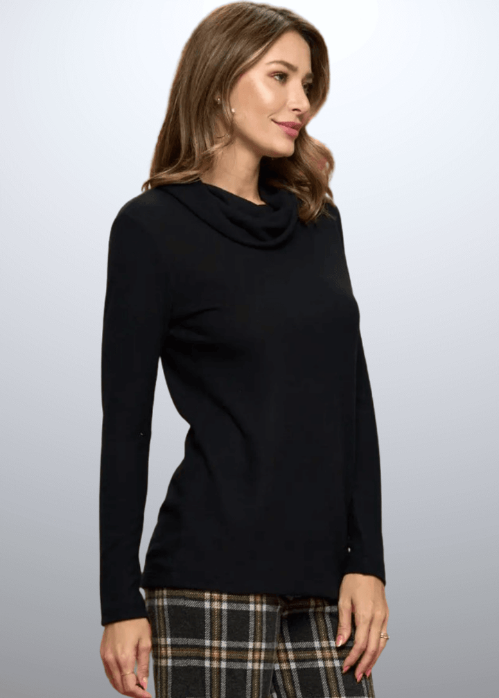 Made in USA Ladies' Super Soft Long Sleeve Cowl Turtle Neck Cashmere Feel Sweater Top in Black | Renee C Style# 4134TP 