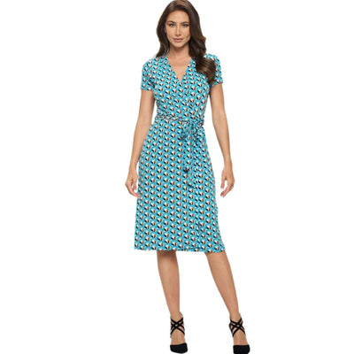 Ladies Aqua Blue Tulip Print Midi Jersey Wrap Dress | Renee C. Style# S4329DRR | Made in USA | Classy Cozy Cool Women's Made in America Clothing Boutique