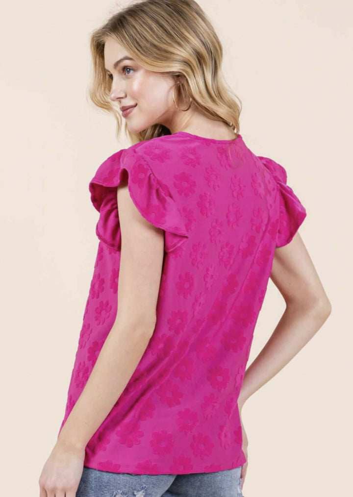 Made in USA Textured Daisy Ruffle Sleeve Top, V-Neckline, Cap Ruffled Sleeves, Regular Fit, Stretchy Material, Dress Up or Down in Fuchsia | Classy Cozy Cool Women's Made in America Boutique
