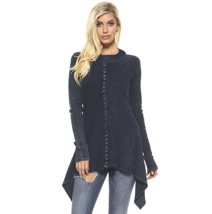 USA Made Women's Navy Mineral Washed Snap Button Down Fitted Cotton Jacket by Urban X | This Jacket Features an Asymmetrical Hemline | Classy Cozy Cool Boutique
