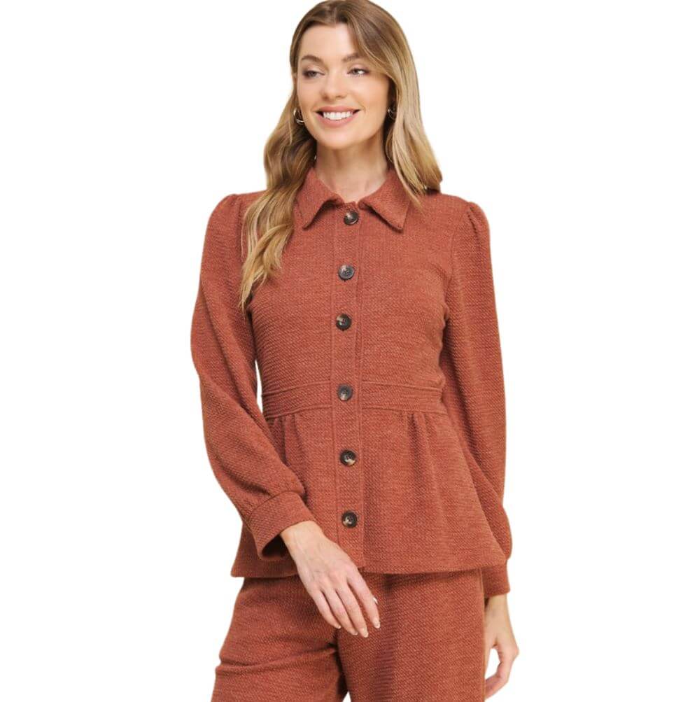 If She Loves Style# JK024A | Ari Jacket - Ladies USA Made Button Down Knitted Jacket in Camel Brown | Classy Cozy Cool Women's Made in America Boutique