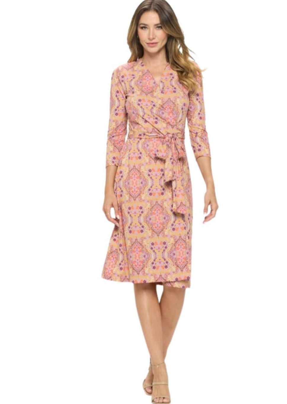 USA Made Beautiful Ladies Pink Lavender & Coral Floral Print Midi Wrap Dress Renee C. Style # 4329DRY | Proudly Made in USA | Classy Cozy Cool Clothing Boutique