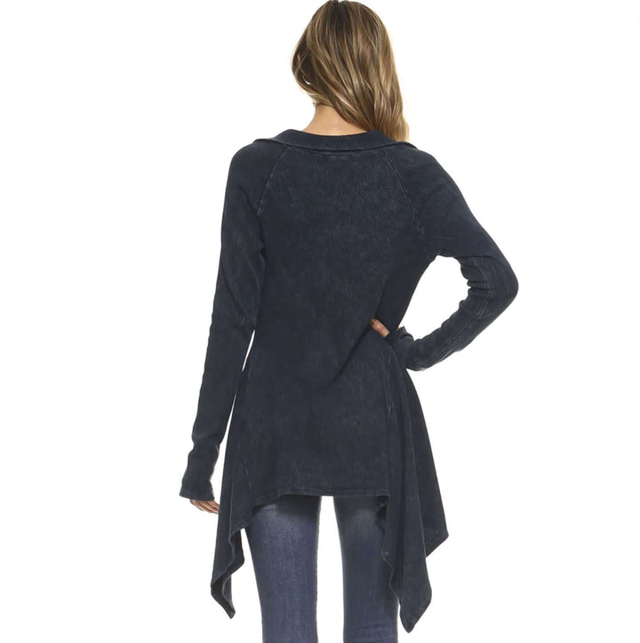 USA Made Women's Navy Mineral Washed Snap Button Down Fitted Cotton Jacket by Urban X | This Jacket Features an Asymmetrical Hemline | Classy Cozy Cool Boutique