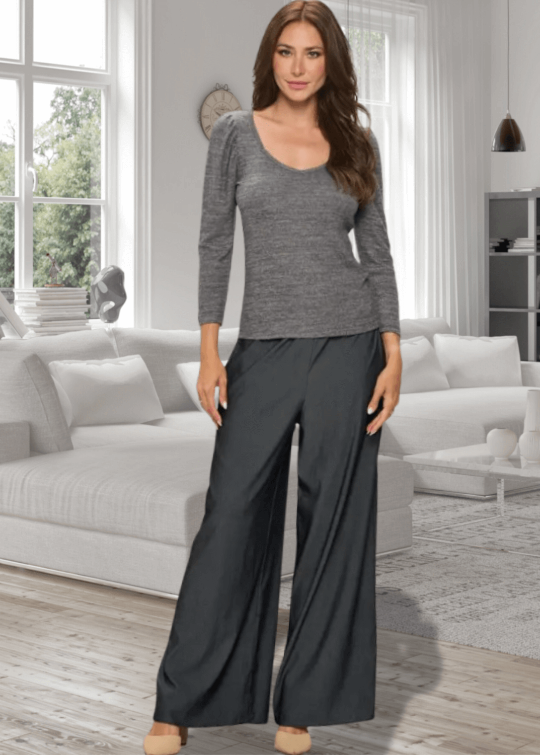 Experience the perfect blend of comfort and style with the Celine 3/4 Puff Sleeve V-Neck sweater in Mocha Gray. Crafted from a soft rayon-spandex blend, this fitted sweater offers a cashmere-like softness that feels luxurious against the skin. Its flattering v-neck and trendy puff sleeves add a feminine touch, while easy machine wash care keeps it practical | Renee C Style# 3338TPD