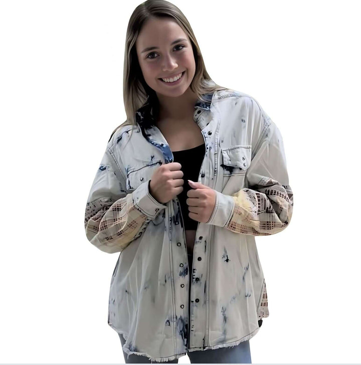 Jaded Gypsy In the Clouds Snap Down Boho Design Denim Shirt Jacket with Patchwork Detail & Front Pockets - Chambray | Made In USA