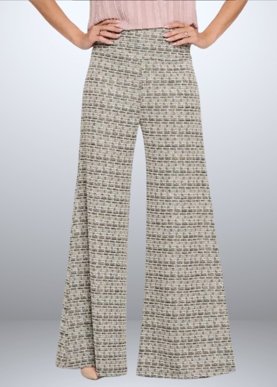 Elevate your wardrobe with the Payton Plaid Tweed Knit Pants, expertly crafted in the USA. Featuring a flattering wide-leg silhouette and classic plaid pattern | Renee C Style 4745PTG