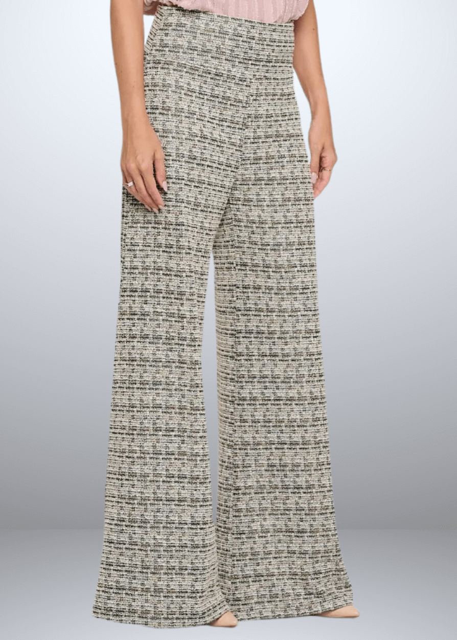 Elevate your wardrobe with the Payton Plaid Tweed Knit Pants, expertly crafted in the USA. Featuring a flattering wide-leg silhouette and classic plaid pattern | Renee C Style 4745PTG