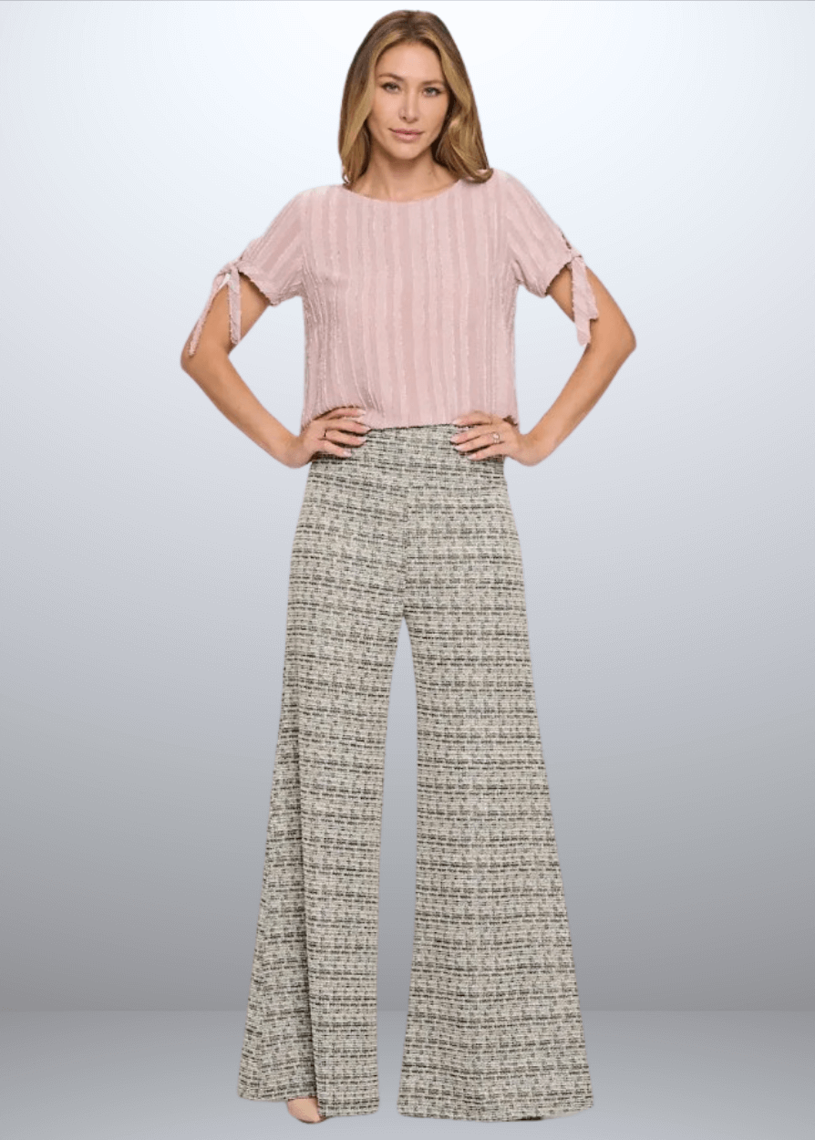 Elevate your wardrobe with the Payton Plaid Tweed Knit Pants, expertly crafted in the USA. Featuring a flattering wide-leg silhouette and classic plaid pattern | Renee C Style 4745PTG