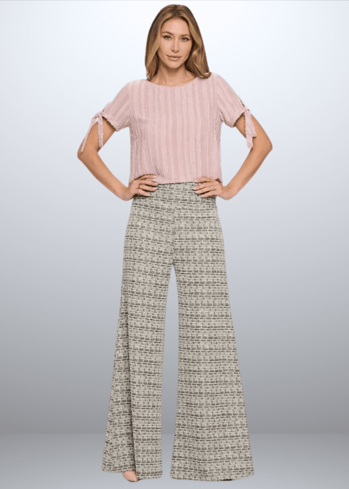 Elevate your wardrobe with the Payton Plaid Tweed Knit Pants, expertly crafted in the USA. Featuring a flattering wide-leg silhouette and classic plaid pattern | Renee C Style 4745PTG