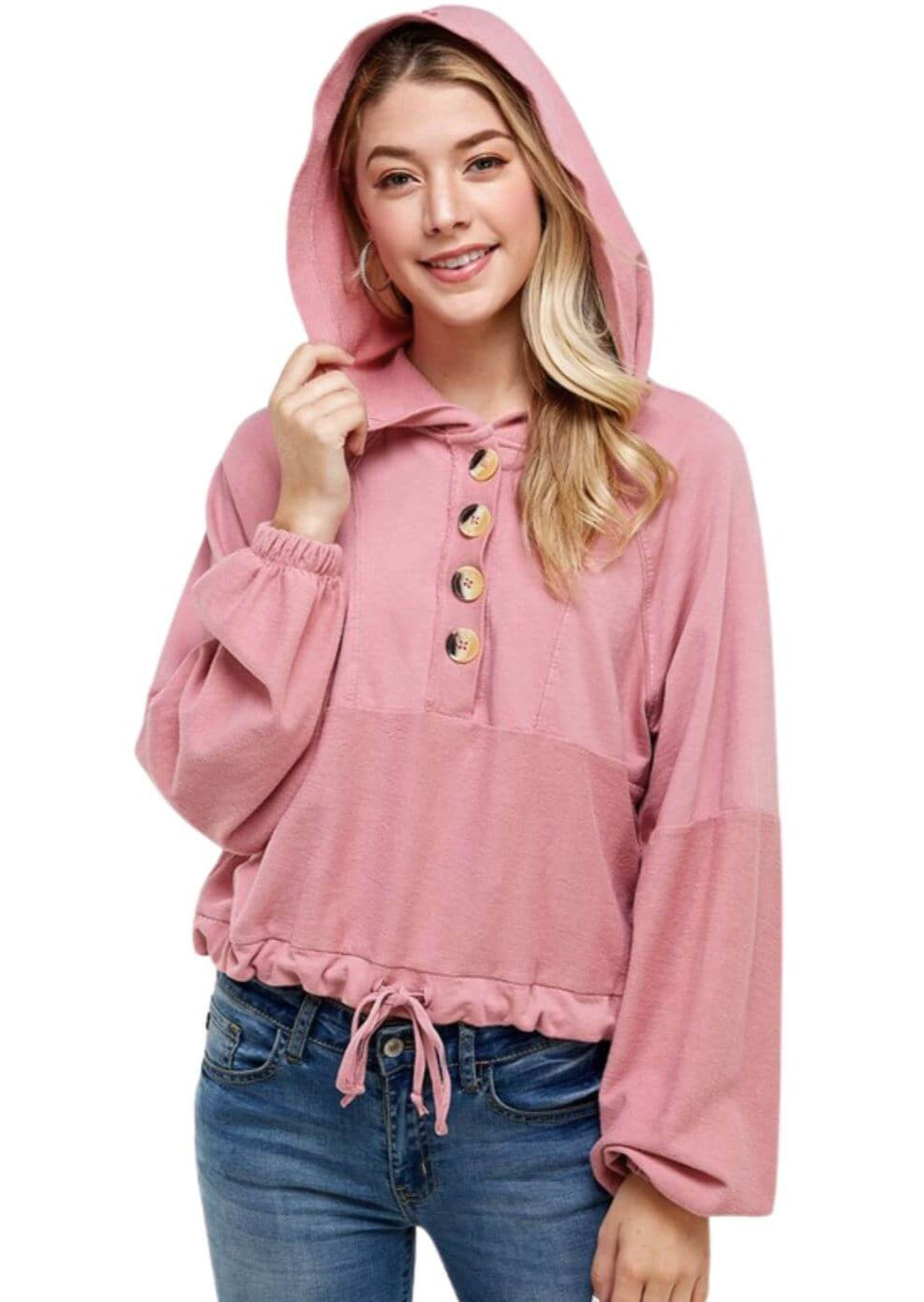USA Made Ladies French Terry Cropped Hoodie Cotton Button Down Hoodie with Drawstring Waist in Pink | Classy Cozy Cool Women's Made in America Boutique