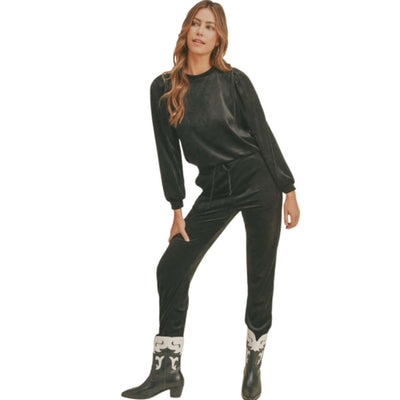 USA Made Women's Glam Velour Relaxed Fit Track Suit with Puff Sleeves in Black | Classy Cozy Cool Women's Made in USA Boutique