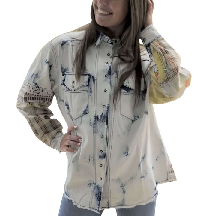 Jaded Gypsy In the Clouds Snap Down Boho Design Denim Shirt Jacket with Patchwork Detail & Front Pockets - Chambray | Made In USA