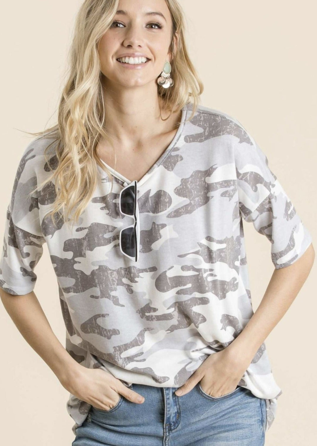Made in USA Women's Oversized Camo Tee, Round Neckline, Super Soft Material, Lightweight, Longer Length | Classy Cozy Cool Made in America Boutique