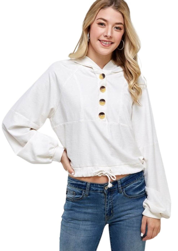 USA Made Ladies French Terry Cropped Hoodie Cotton Button Down Hoodie with Drawstring Waist in Cream | Classy Cozy Cool Women's Made in America Boutique