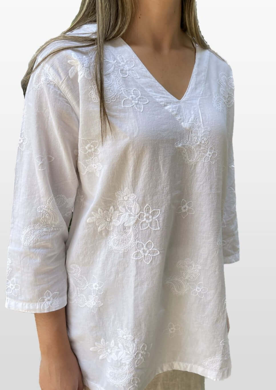 Made in USA Women's 100% Cotton Floral Embroidered Lightweight V-Neck Top with 3/4 Sleeves in White | Classy Cozy Cool Women's Made in America Boutique