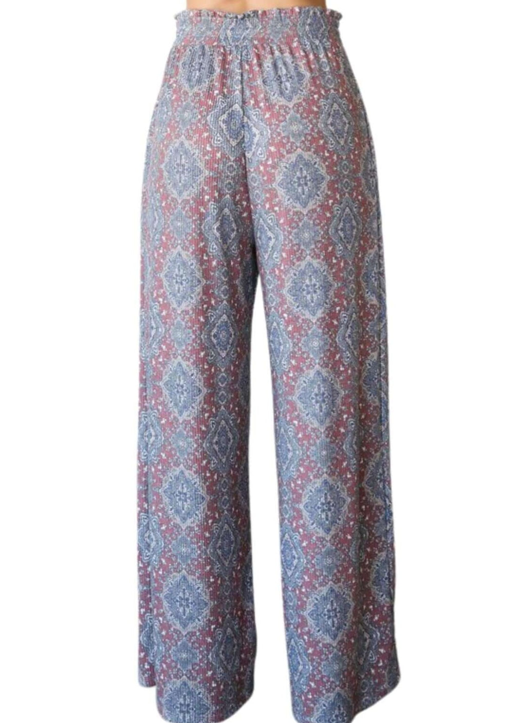 USA Made Ladies Soft & Lightweight Relaxed Fit Ribbed Aztec Pattern Wide Leg Pants in Blue, Off White and Burgundy | Classy Cozy Cool Women's Made in America Clothing Boutique