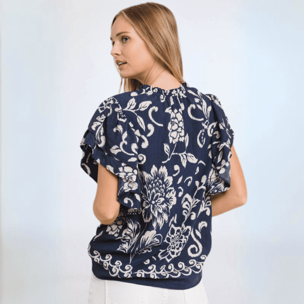 Made in USA Women's Floral Navy Flutter Sleeve Top Comfortable Relaxed Fit | Classy Cozy Cool Made in America Boutique