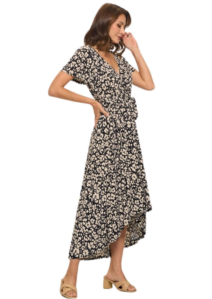 USA Made Ladies High Low Black & Tan Floral V-Neck Maxi Dress With Flutter Sleeves | Classy Cozy Cool Women's Made in America Boutique