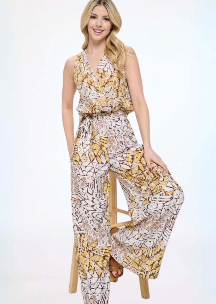 Women's V-Neck Sleeveless Jumpsuit in Unique Pattern with Belt Tie Waist in White, Brown, Mustard & Tan | Made in USA | Classy Cozy Cool Made in America Boutique