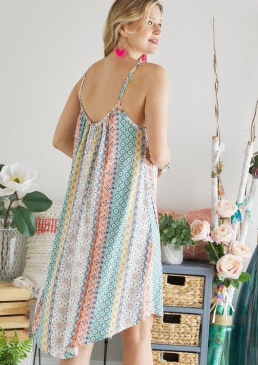 Made in USA | Adora Ladies Colorful Bohemian Print with Spaghetti Straps Super Soft Summer Sun Dress for Beach, Vacation, Summer Parties  Classy Cozy Cool Women's Made in America Boutique