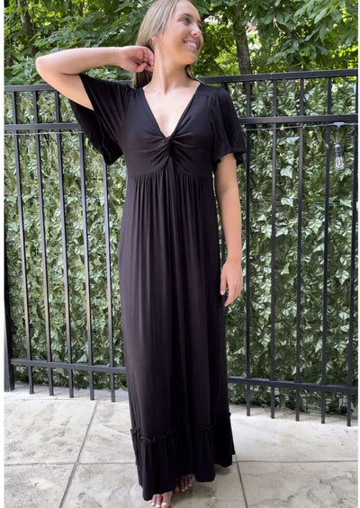 USA Made Ladies Super Soft Black V-Neck Maxi Dress With Short Flutter Sleeves & Front Twist Knot Detail | Classy Cozy Cool Women's Made in America Boutique