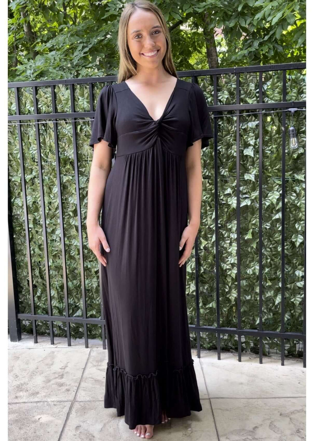 USA Made Ladies Super Soft Black V-Neck Maxi Dress With Short Flutter Sleeves & Front Twist Knot Detail | Classy Cozy Cool Women's Made in America Boutique