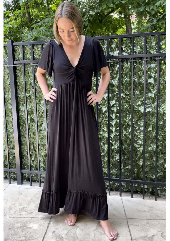 USA Made Ladies Super Soft Black V-Neck Maxi Dress With Short Flutter Sleeves & Front Twist Knot Detail | Classy Cozy Cool Women's Made in America Boutique
