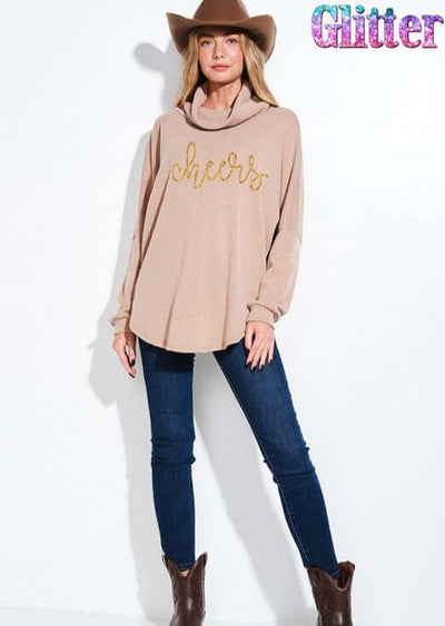USA Made Women's Lightweight Graphic "Cheers" Glitter Cowl Neck Top in Taupe with Gold Glitter | Perfect for Holiday Party | Classy Cozy Cool Women's Made in America Clothing Boutique