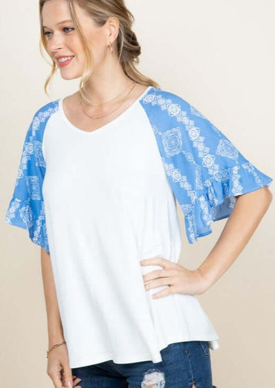 Made in USA | Ladies Ruffle Flutter Sleeves V-Neck Shirt in White & Blue with Pattern Design Sleeves | Classy Cozy Cool Women's Made in America Boutique
