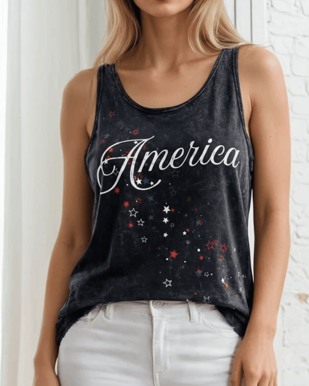 Shop the America Shooting Stars Graphic Tank — Made in USA with USA Grown Cotton. Mineral washed, soft 95% cotton, loose fit. Perfect for 4th of July. Sizes S-XL.