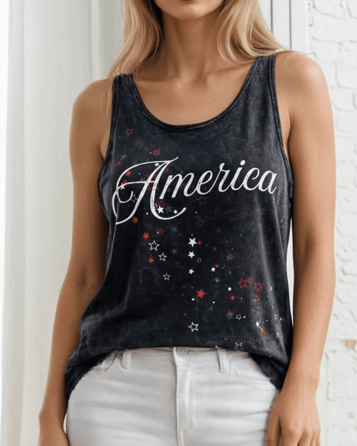 Shop the America Shooting Stars Graphic Tank — Made in USA with USA Grown Cotton. Mineral washed, soft 95% cotton, loose fit. Perfect for 4th of July. Sizes S-XL.
